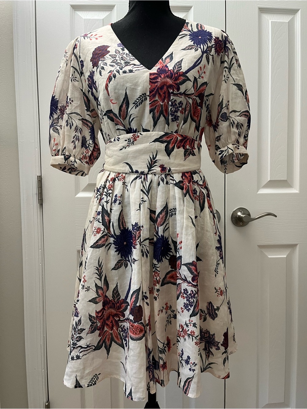 Idano Pharell Floral Midi Dress Puff Sleeve Belted Linen Blend Size Small EUC